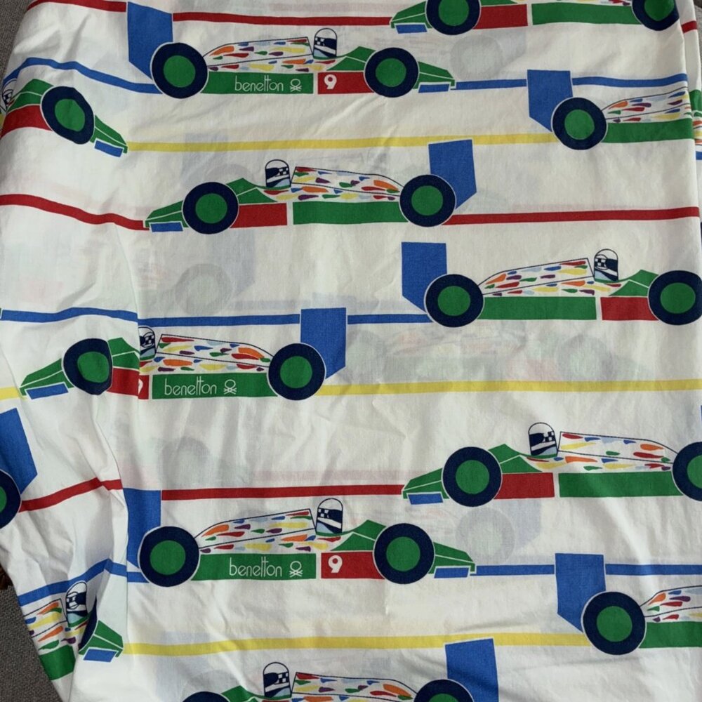 Benetton Race Car Sheet Set Formula 1 Bedding twin Sz Fitted & Flat 80s vintage